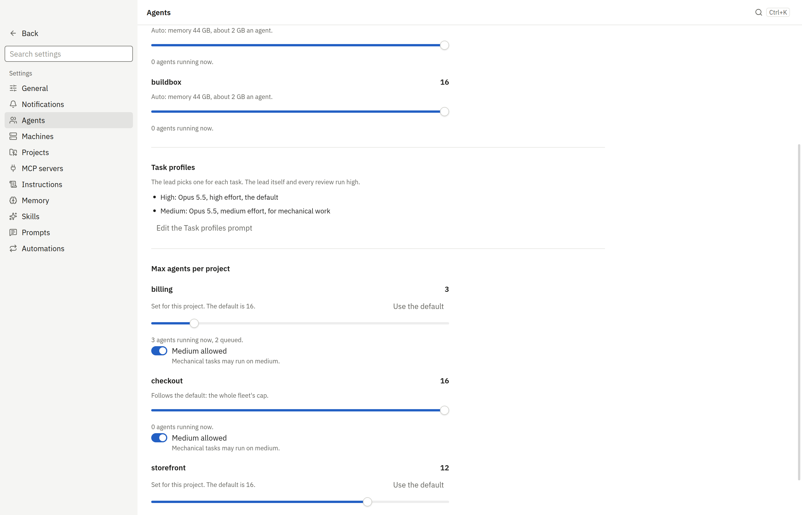 Settings › Projects › Agents, opened from “max 12” in storefront’s Agents tab: Max agents per project, with storefront set to 12 (“Set for this project. The default is 16.”, Use the default, “6 agents running now”), billing at 3 with 3 running and 2 queued, and checkout following the whole fleet’s cap of 16.